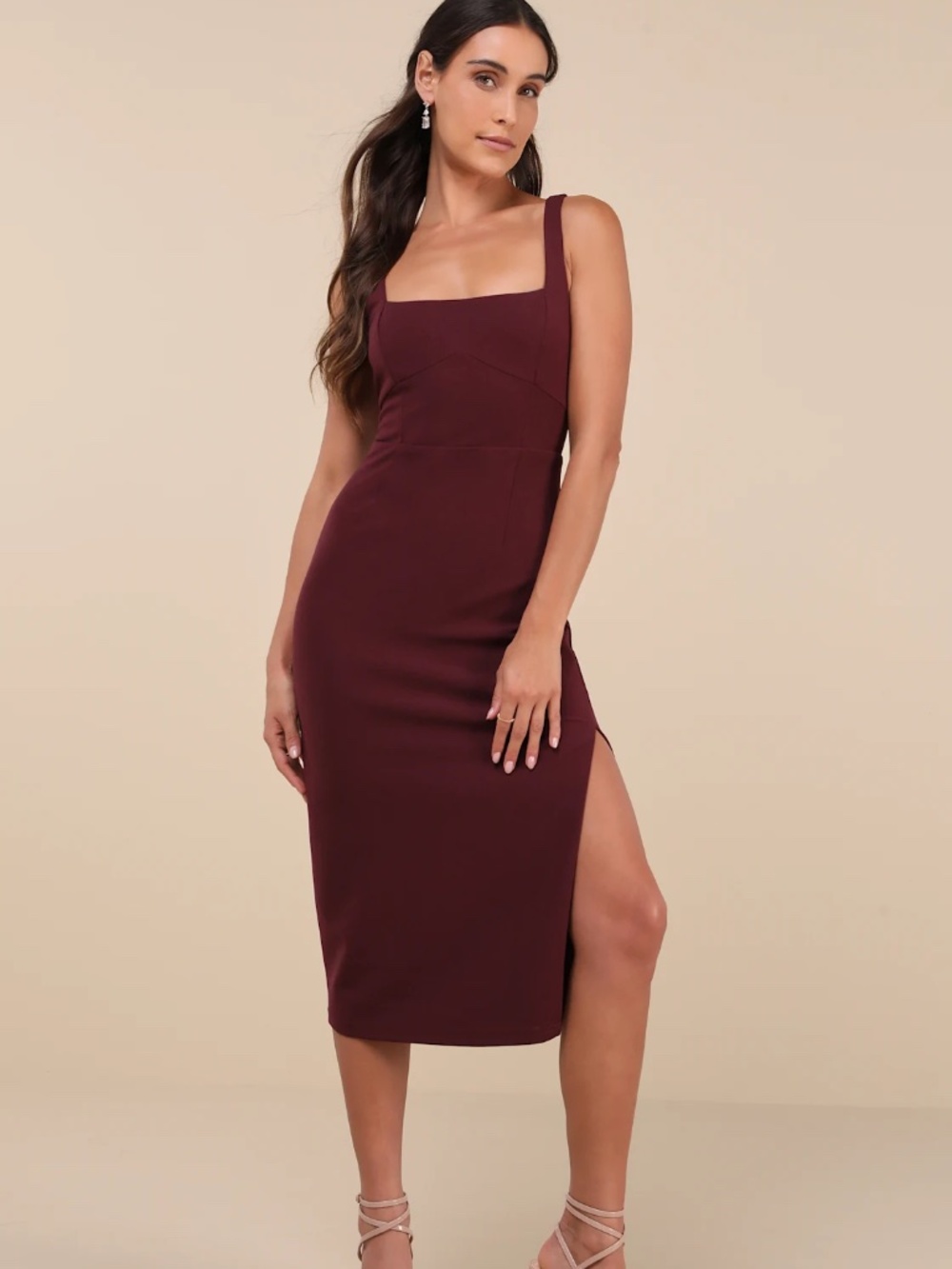 Vibrant Allure Plum Square Neck Sleeveless Bodycon Midi Dress